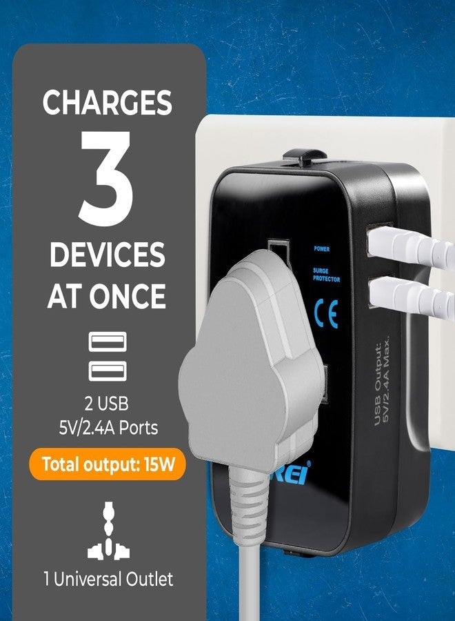 أوري محول سفر عالمي من OREI - محول 3 في 1 عالمي مزود بمنفذي USB - مقبس عالمي مع منفذي USB-A بقوة 2.4 أمبير - محول سفر للولايات المتحدة وأوروبا وغيرها - عبوة من 4 قطع - Image 3